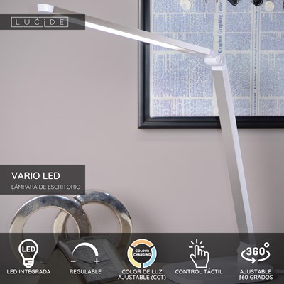 Lucide VARIO LED - Lámpara de escritorio - LED Regul. - CCT - 1x8W 2700K/6500K - Blanco